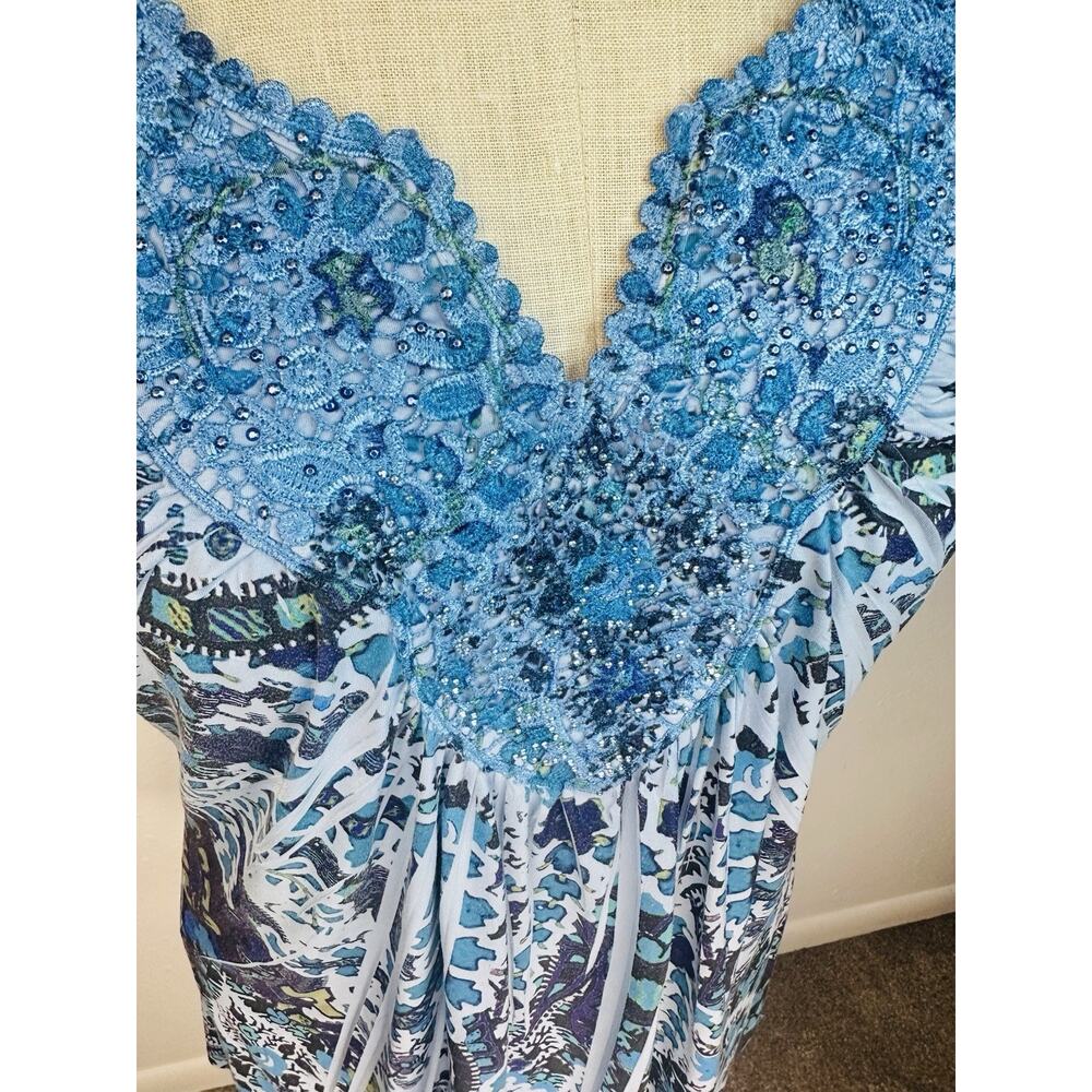 Boho Y2K Rock Blue Beaded Short Sleeve Blouse Large One World No Tag Summer - Picture 3 of 7